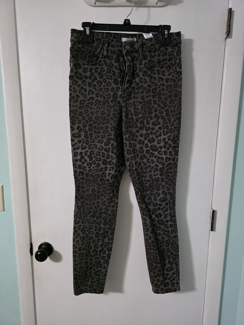 Good American Olive Green & Black Leopard Skinny Jeans